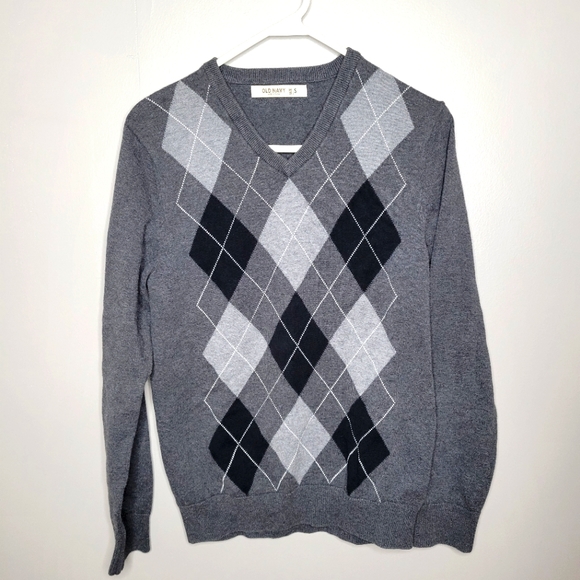 Old Navy Argyle Gray V-Neck Sweater - Picture 1 of 5